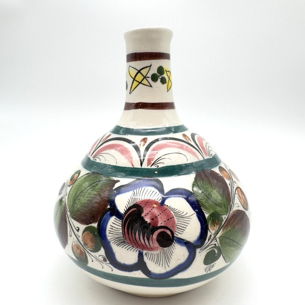 Vintage Tonala Mexican Pottery Vase Floral Hand Painted Folk Art 6.75"